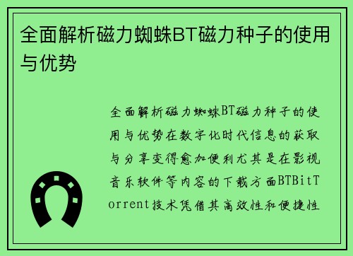 全面解析磁力蜘蛛BT磁力种子的使用与优势